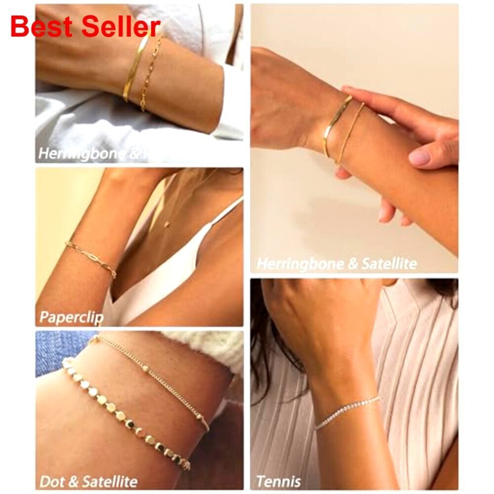 Gold Plated Bracelets Set, 6-Piece Stackable, Adjustable Length - Picture 7 of 7